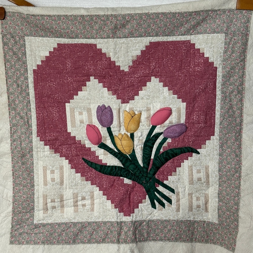 Handmade Quilted Wall Hanging Log Cabin Heart 3D Floral Applique Cottagecore Art